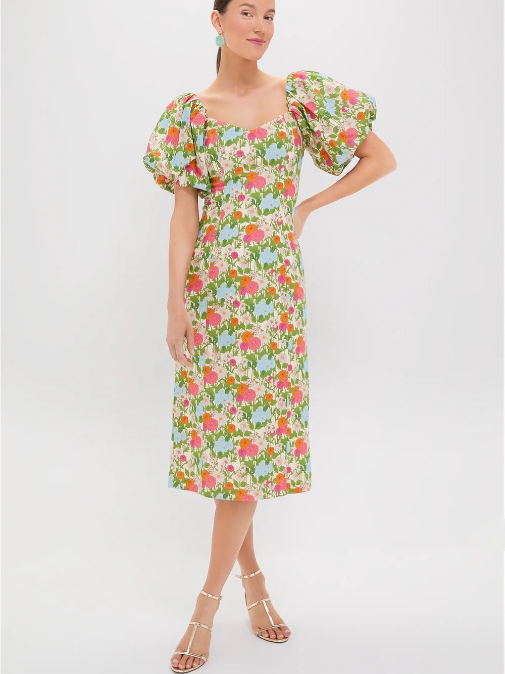 Tuckernuck, Green Multi Begonia Floral Sallie Midi Dress, Puff Sleeves
